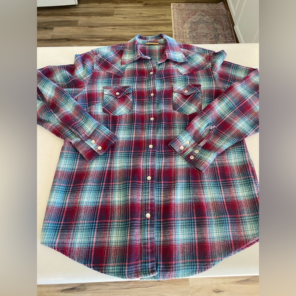 WRANGLER VTG WESTERN PEARL SNAP FLANNEL PNK BLUR XS/S (see meaurements) - Picture 7 of 7